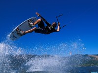     - Pro Kiteboarder Mauricio Abreu Catching Air, Columbia River Gorge, Hood River, Oregon